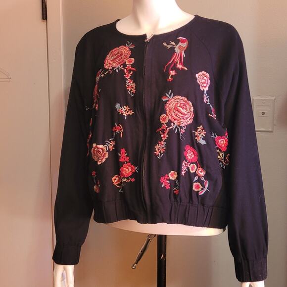 NEW YORK & CO Women’s Black Embroidered Zip Jacket XL Floral Boho Bomber Style - Picture 13 of 15